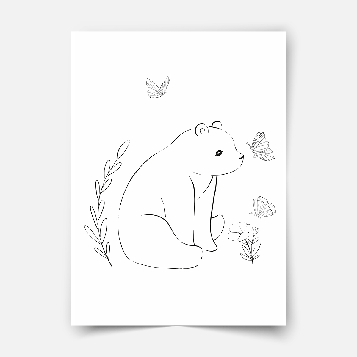 Hand-drawn forest friends - bear with butterflies Fine Art Print