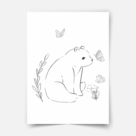 Hand-drawn forest friends - bear with butterflies Fine Art Print