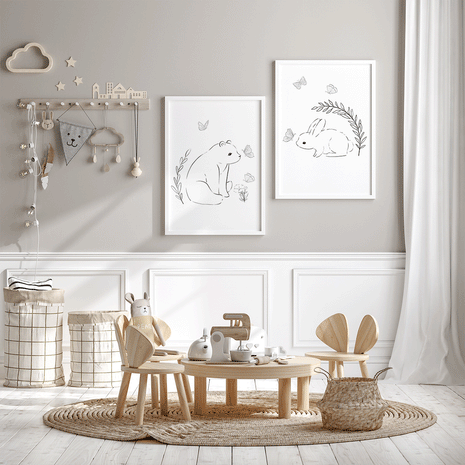 Hand-drawn forest friends - bunny with butterflies Fine Art Print