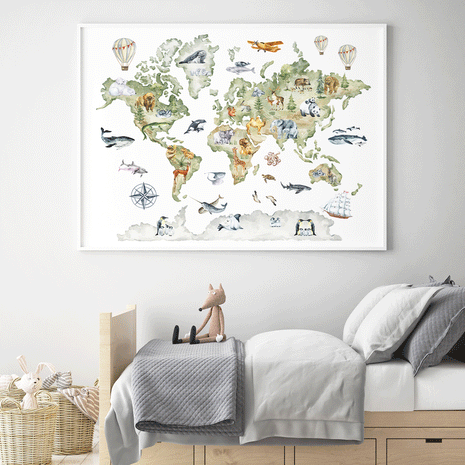 Aquarell Weltkarte mit Tieren - Poster