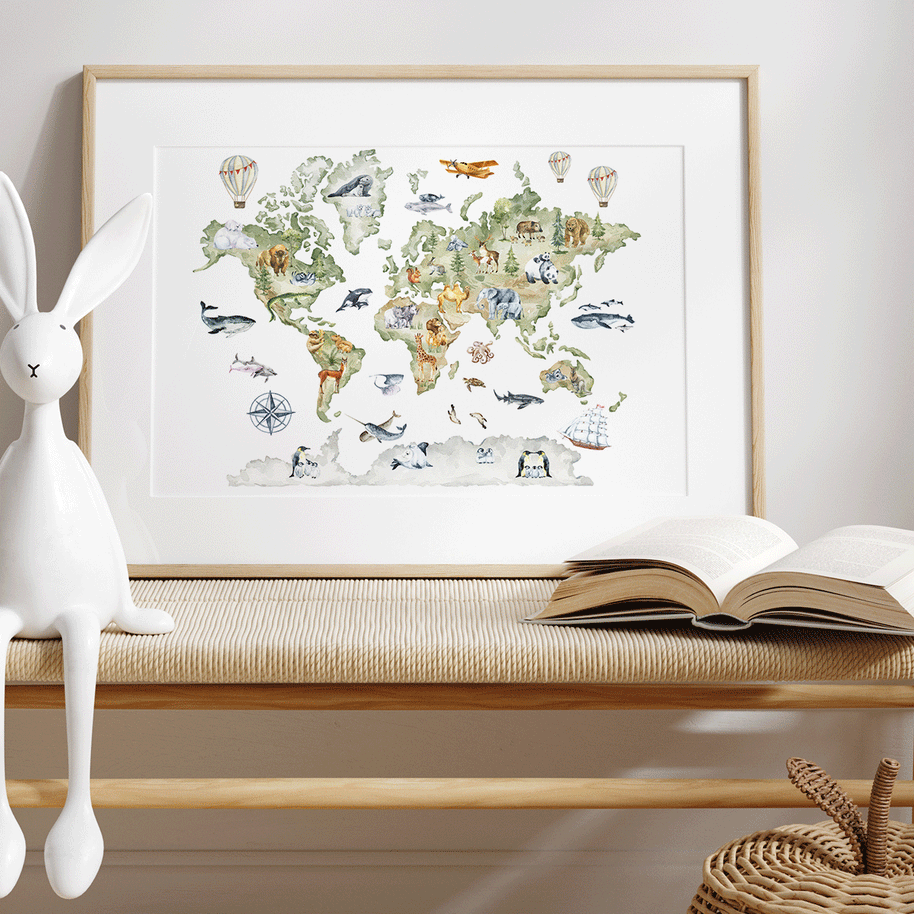 Aquarell Weltkarte mit Tieren - Poster
