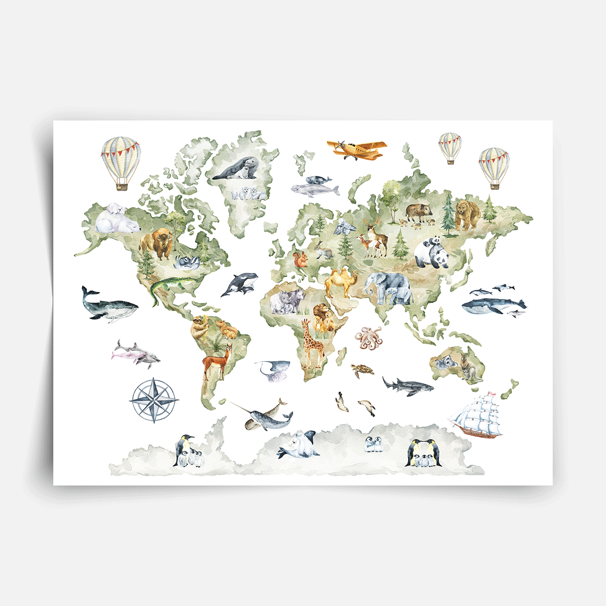 Aquarell Weltkarte mit Tieren - Poster