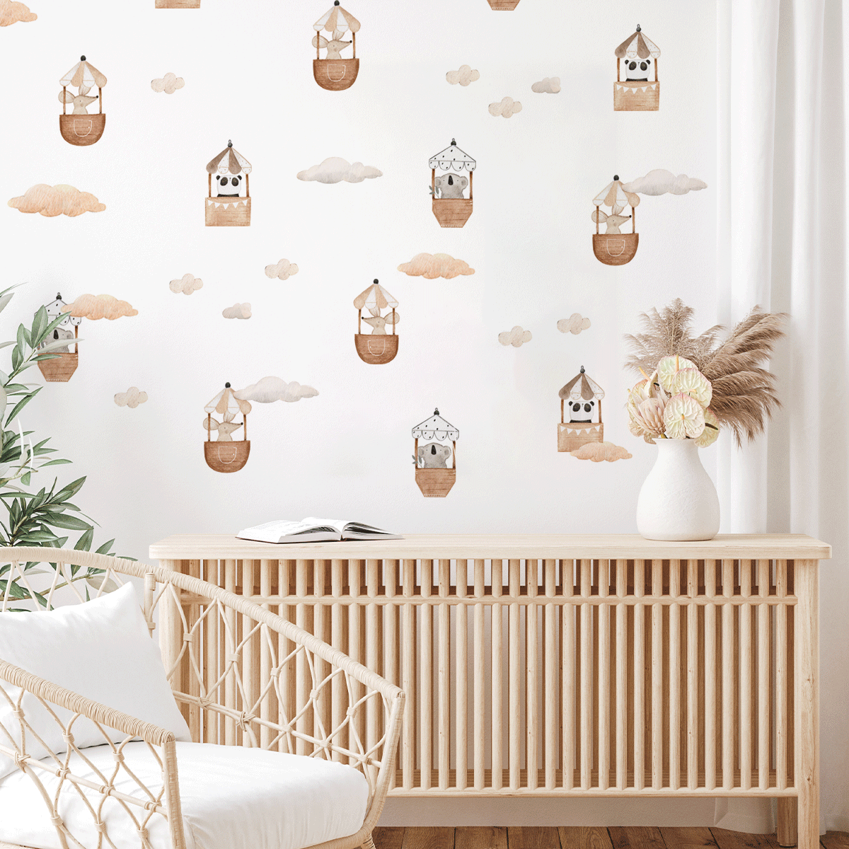 hot air balloons wall stickers, hot air balloons wall decals, forest animals wall stickers, panda bear wall stickers, boho wall stickers