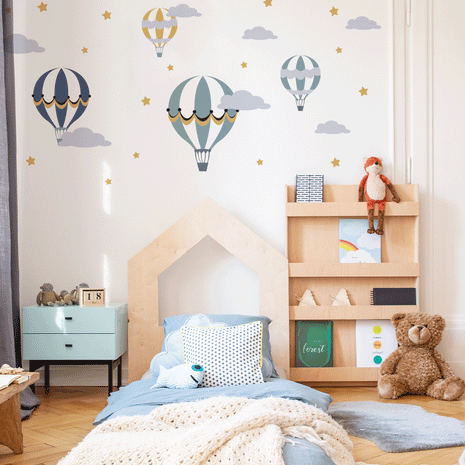 hot air balloons wall sticker, hot air balloons wall decal, blue hot air balloons wall sticker, blue hot air balloons wall decal