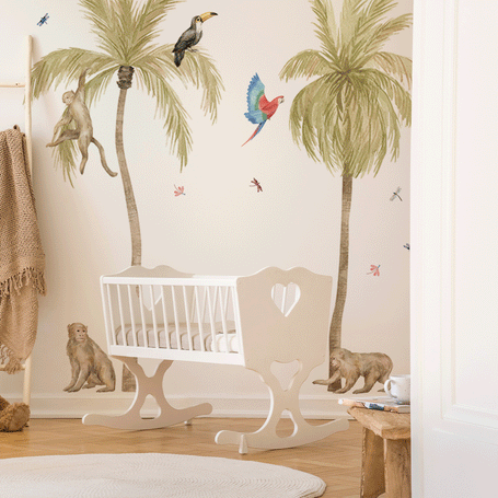 tropical safari wall stickers, palm trees monkeys tropical birds wall stickers, palm trees monkeys tropical birds wall decals. watercolor palm trees monkeys tropical birds wall stickers, jungle wall stickers, jungle wall decals, nursery ideas, wall decoration ideas