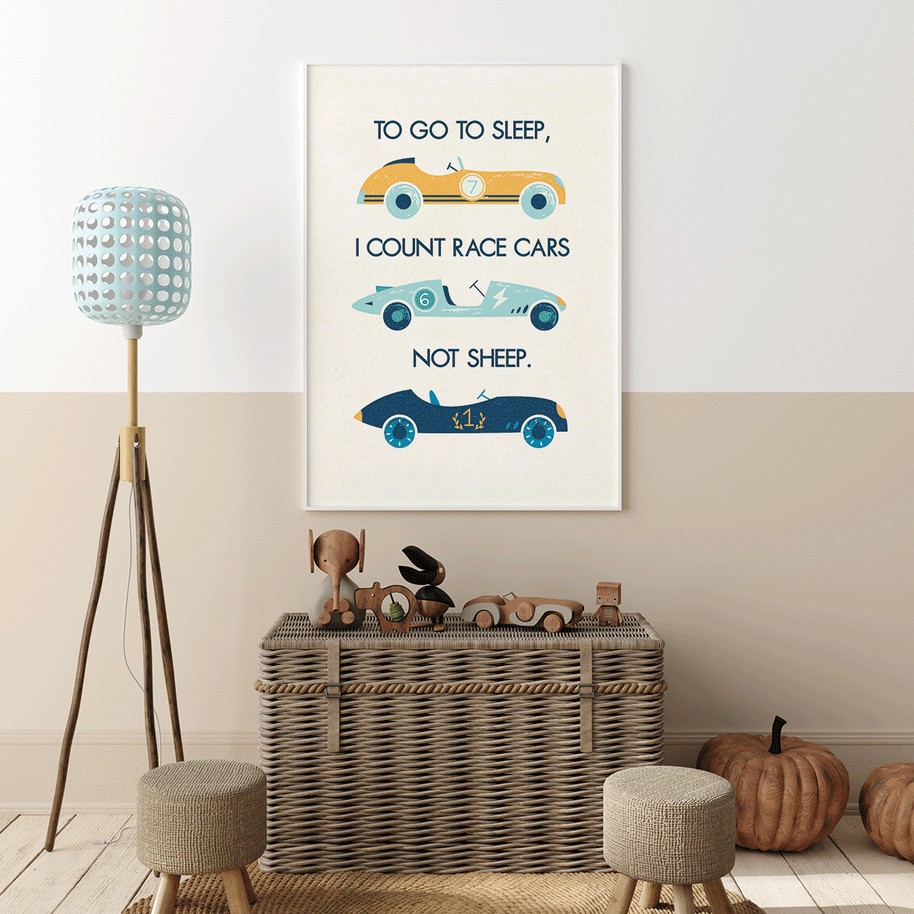 To go to sleep I count race cars Fine Art Print