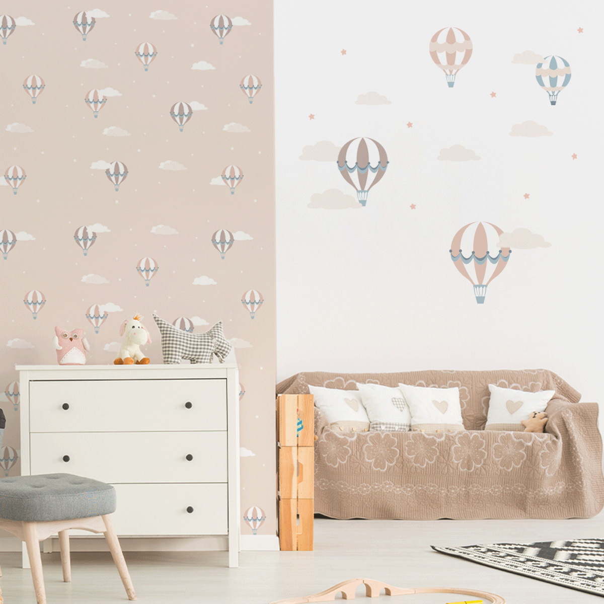 self-adhesive wallpaper, removable wallpaper, kids bedroom wallpaper, nursery wallpaper, kids bedroom ideas, nursery ideas, hot air balloons wallpaper, pink hot air balloons wallpaper